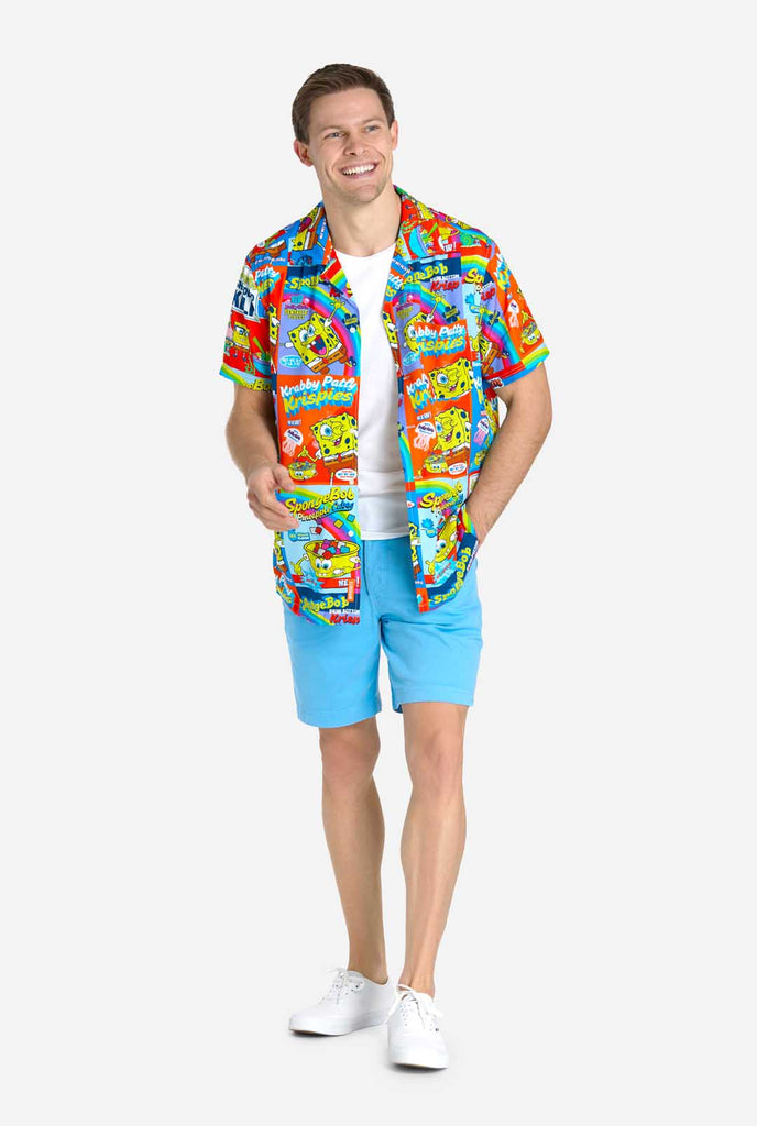 Man wearing Hawaiian Shirt with SpongeBob Cereal-box print