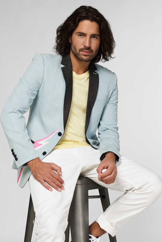 Blue casual blazer with white and pink lightning bolt worn by man