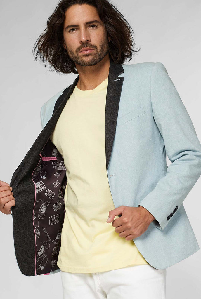 Blue casual blazer with white and pink lightning bolt worn by man