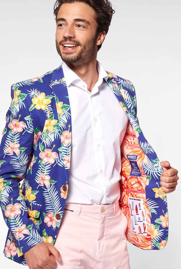 Blue casual blazer with flower print worn by man