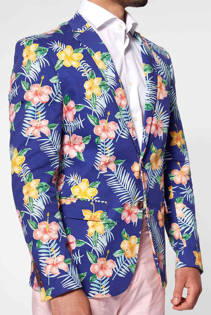 Blue casual blazer with flower print worn by man