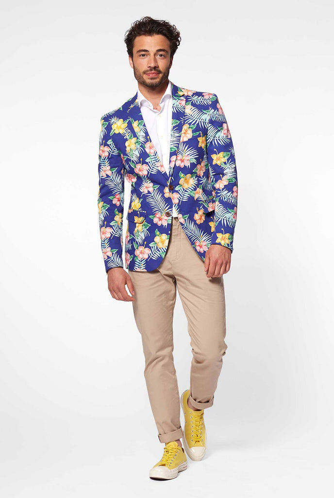 Blue casual blazer with flower print worn by man