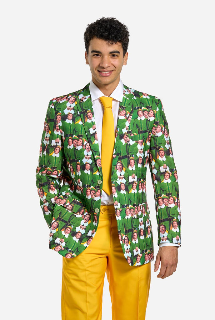 Man wearing men's Christmas suit with the character ELF on the jacket and yellow pants