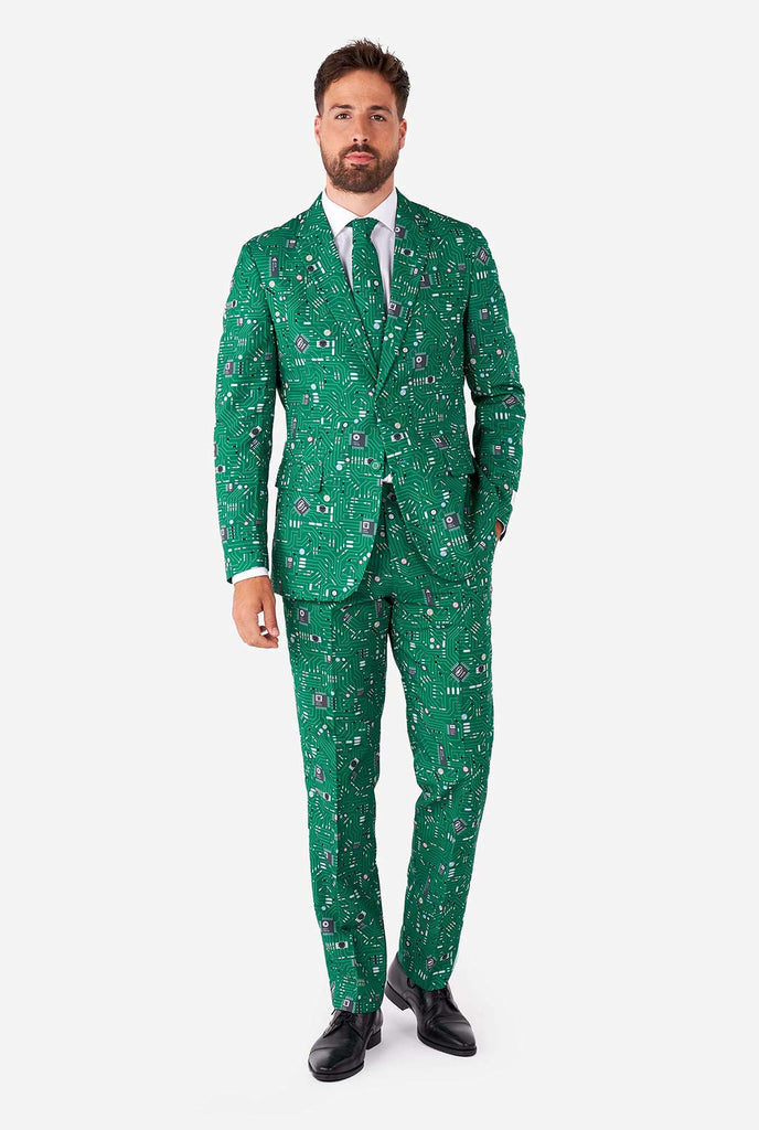 Man wearing men's suit with circuit board print