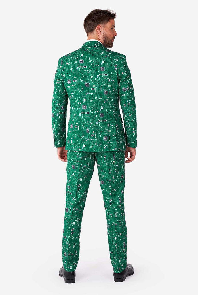 Man wearing men's suit with circuit board print