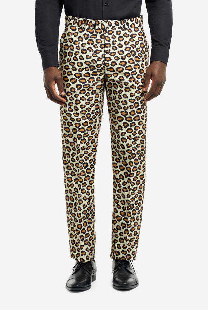 Image of a man wearing an OppoSuits The Jag men's suit with panther print and black men's shirt. Suit consist of pants, jacket and tie.