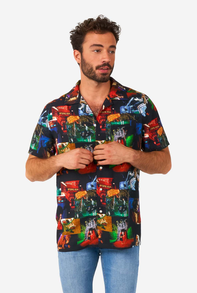 Man wearing Hawaiian shirt with Beetlejuice print