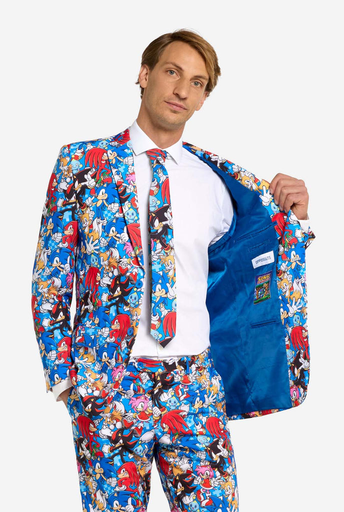 Man wearing colorful mens suit with Sonic the Hedgehog print