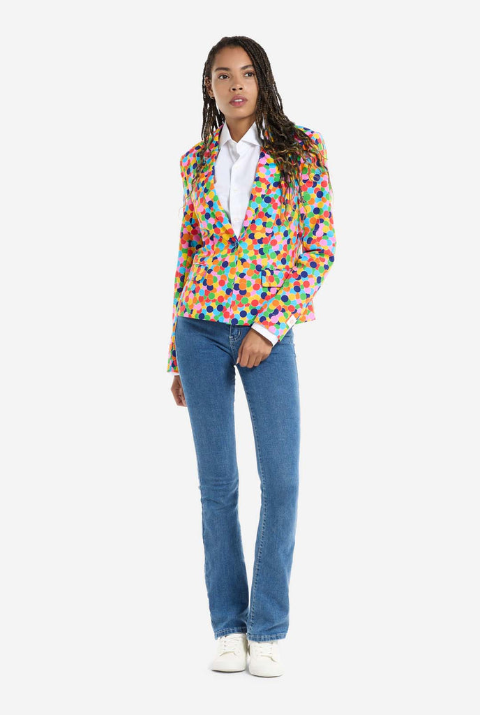 Woman wearing womens blazer with confetti print,