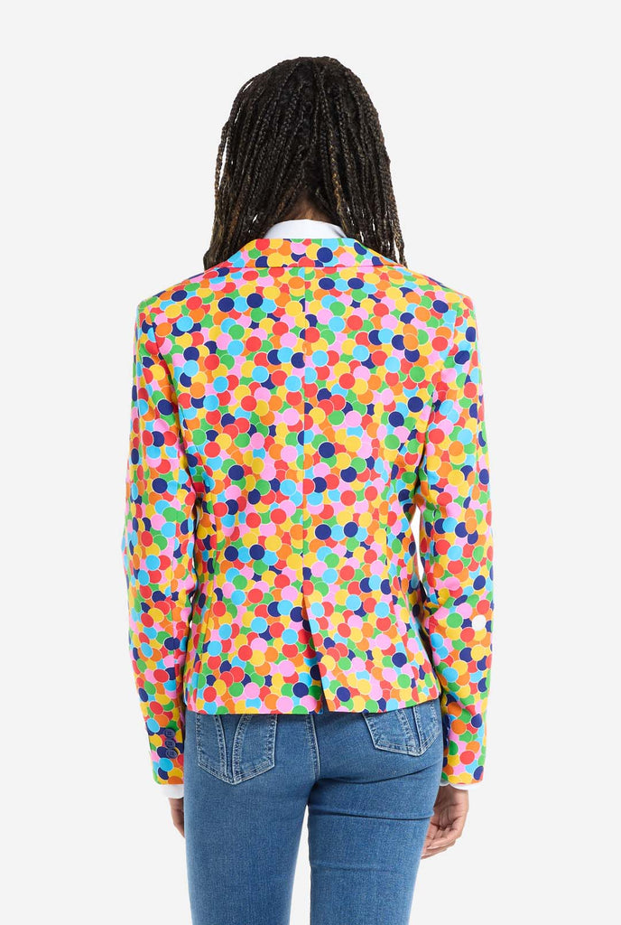 Woman wearing womens blazer with confetti print,