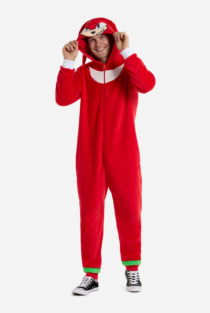 Man wearing red Sonic Knuckles adult onesie