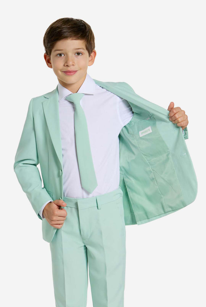 Kid wearing mint green boys suit.