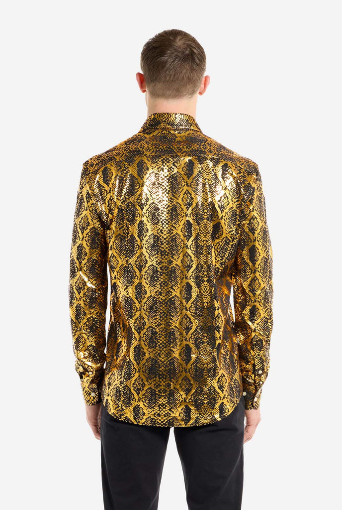 This image showcases a men’s dress shirt from OppoSuits, featuring a striking gold and black snakeskin print pattern. The shirt’s fabric has a glossy finish that reflects light, creating a bold, high-fashion look perfect for making a statement. With a detailed reptile-inspired pattern, this shirt is ideal for anyone looking to bring some edgy style to their wardrobe.