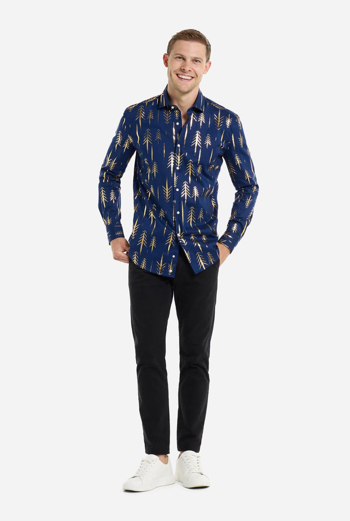 The stylish Teriffic Trees Christmas shirt goes well with almost every suit, pants, jeans, and jacket, so it’s a refined option for any holiday occasion. Full body image.