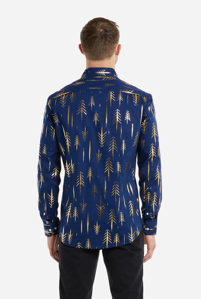 The stylish Teriffic Trees Christmas shirt goes well with almost every suit, pants, jeans, and jacket, so it’s a refined option for any holiday occasion. View from the back