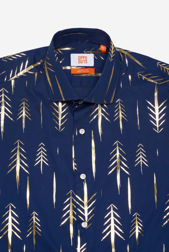 The stylish Teriffic Trees Christmas shirt goes well with almost every suit, pants, jeans, and jacket, so it’s a refined option for any holiday occasion. Close-up.