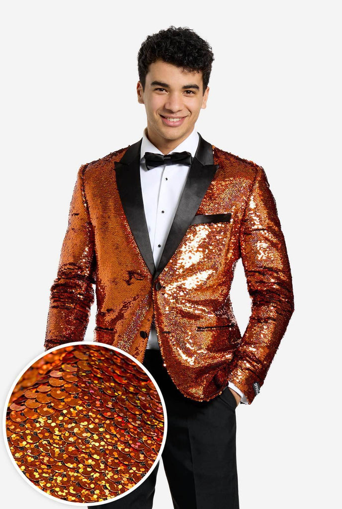 Men wearing tuxedo with orange sequins jacket