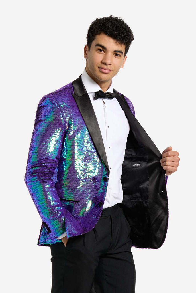 Men wearing tuxedo with blue sequins jacket