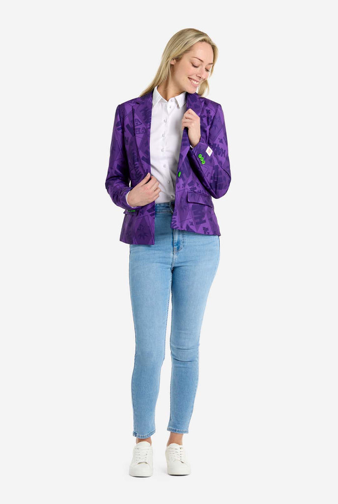 Woman wearing purple The Joker Themed womens blazer