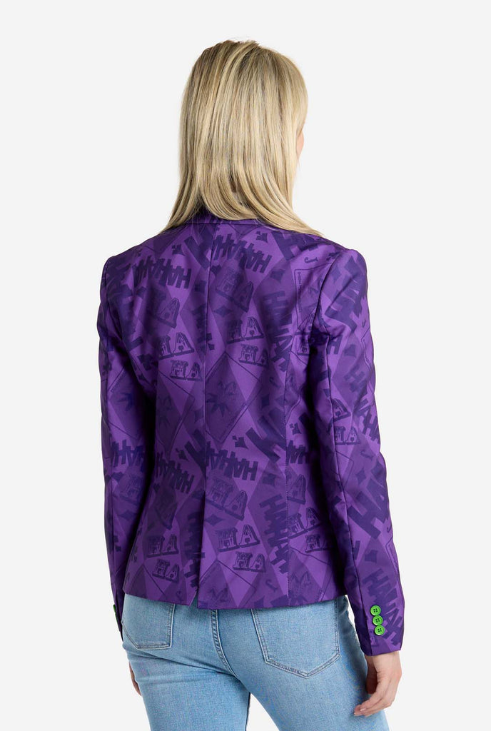 Woman wearing purple The Joker Themed womens blazer, view from the back