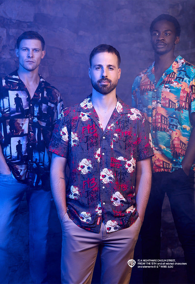 3 men wearing Halloween Hawaiian shirts