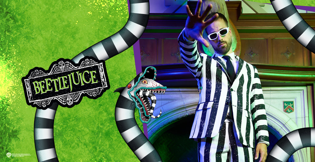 Man wearing Beetlejuice themed men's suit, striped black and white