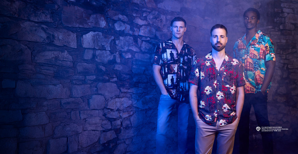 3 men wearing Halloween Hawaiian shirts